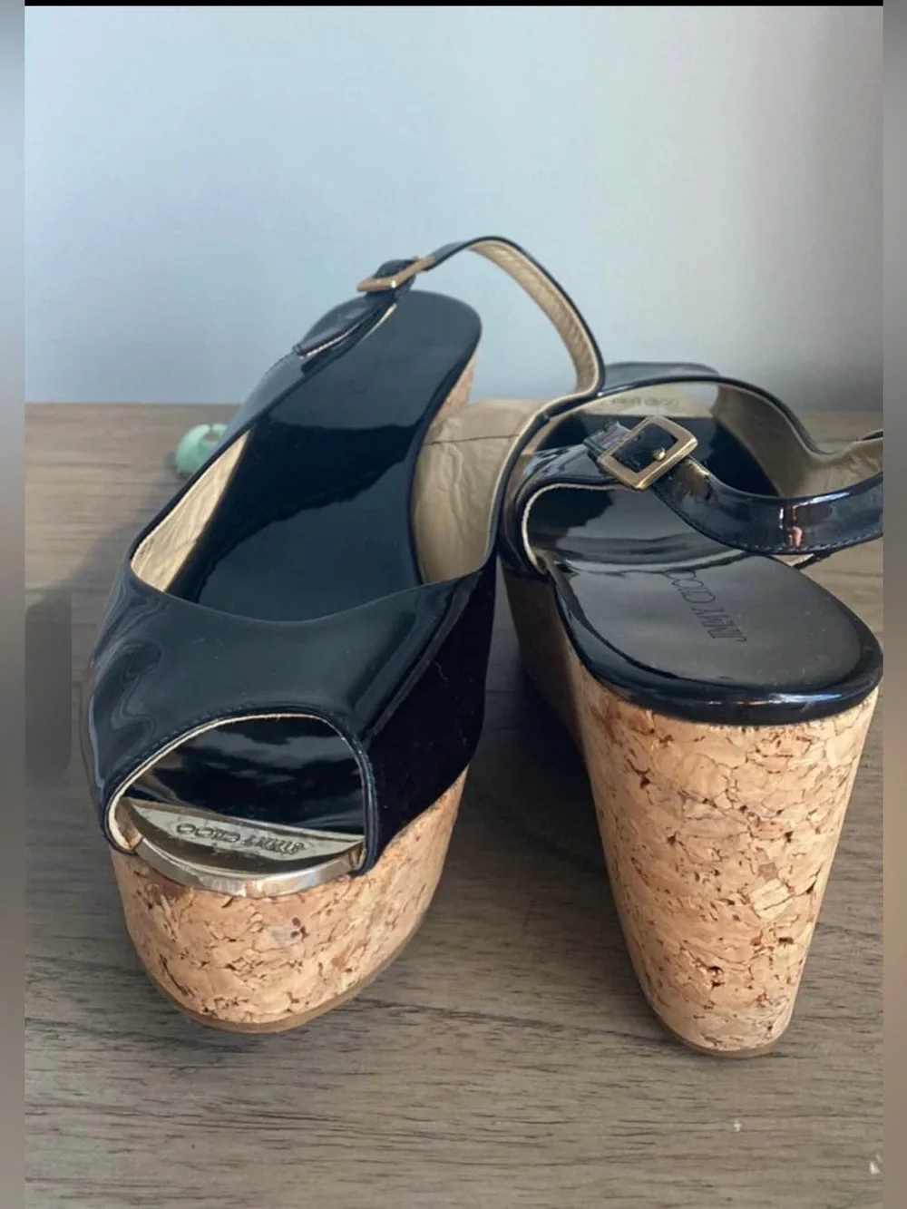 Jimmy Choo Black Patent Leather Wedge Peep-Toe Size IT 41 - US 10.5 width 3”